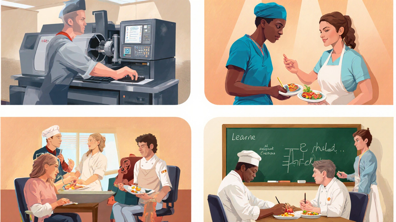 Adult learners in engineering, nursing, hotel, and teacher‑training settings.