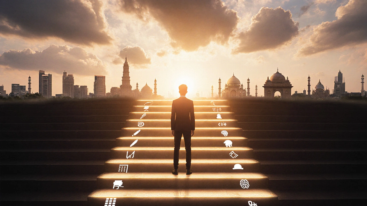 Concept art of a person climbing a glowing staircase toward city skylines, each step marked with course icons.
