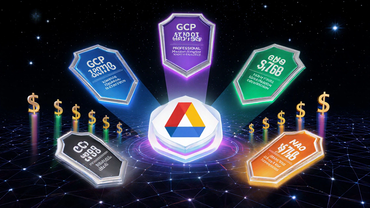 Five floating certification badges with glowing salary numbers orbit a central GCP logo.