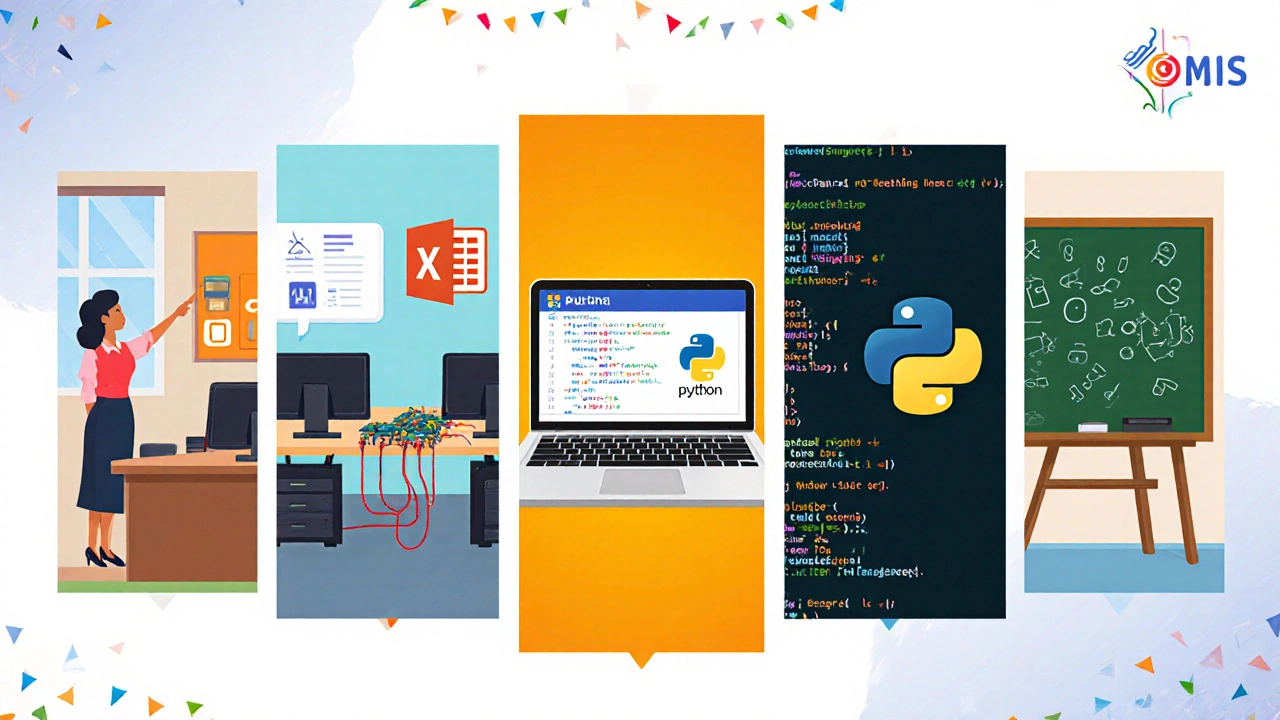 Five illustrated panels each depicting a different beginner computer course in India.