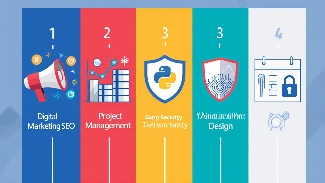 Five-panel illustration showing digital marketing, data science, project management, cybersecurity, and graphic design tracks.