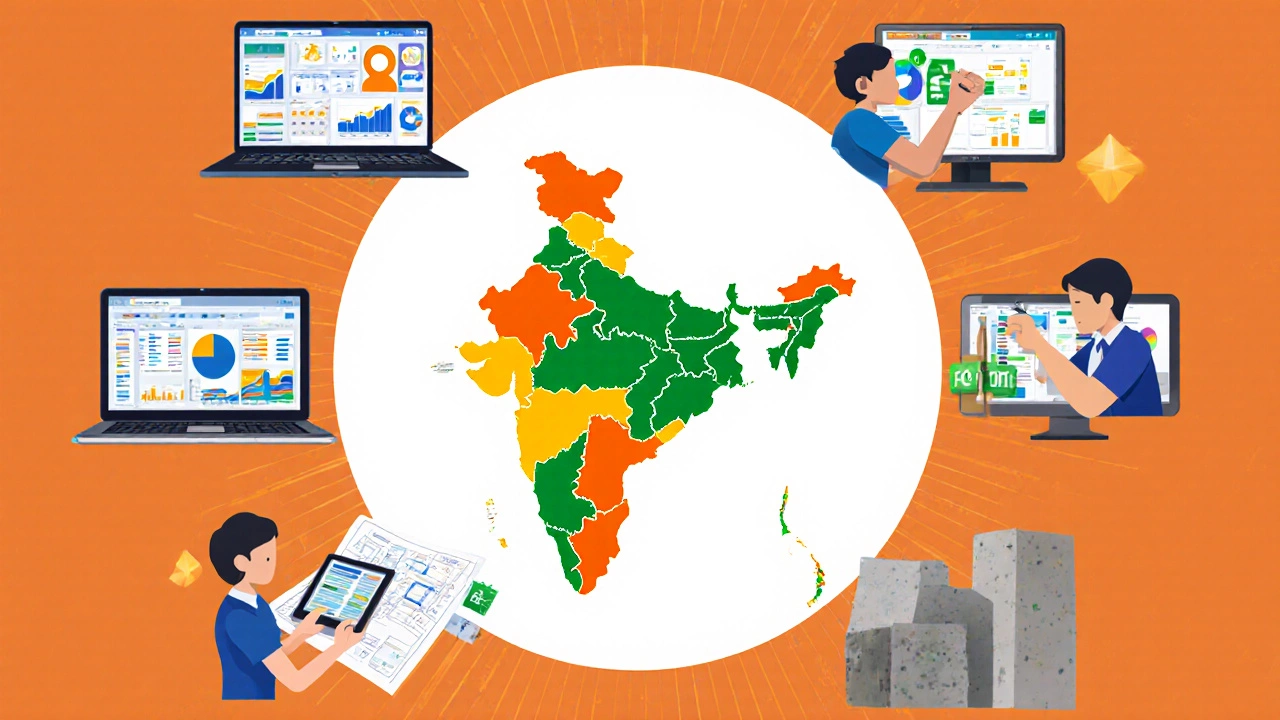 Flat illustration of seven Indian workers each performing a different easy, high‑pay course activity.