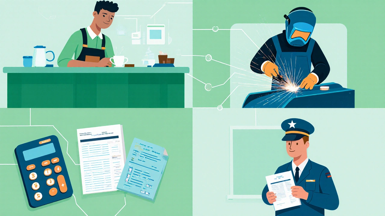 Four vignettes showing on‑site café work, welding apprenticeship, tax filing, and veteran benefits.