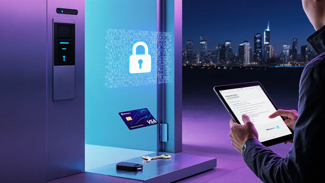 Futuristic smart‑door scene with RFID card, Bluetooth fob, and a locksmith programming a digital key.