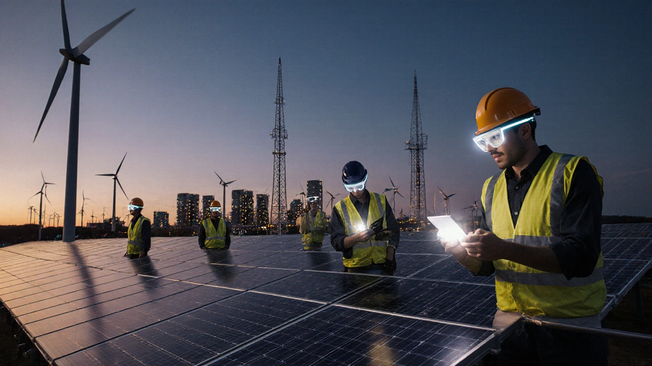 Futuristic Tennessee city with solar panels and electricians using AR gear at dusk.