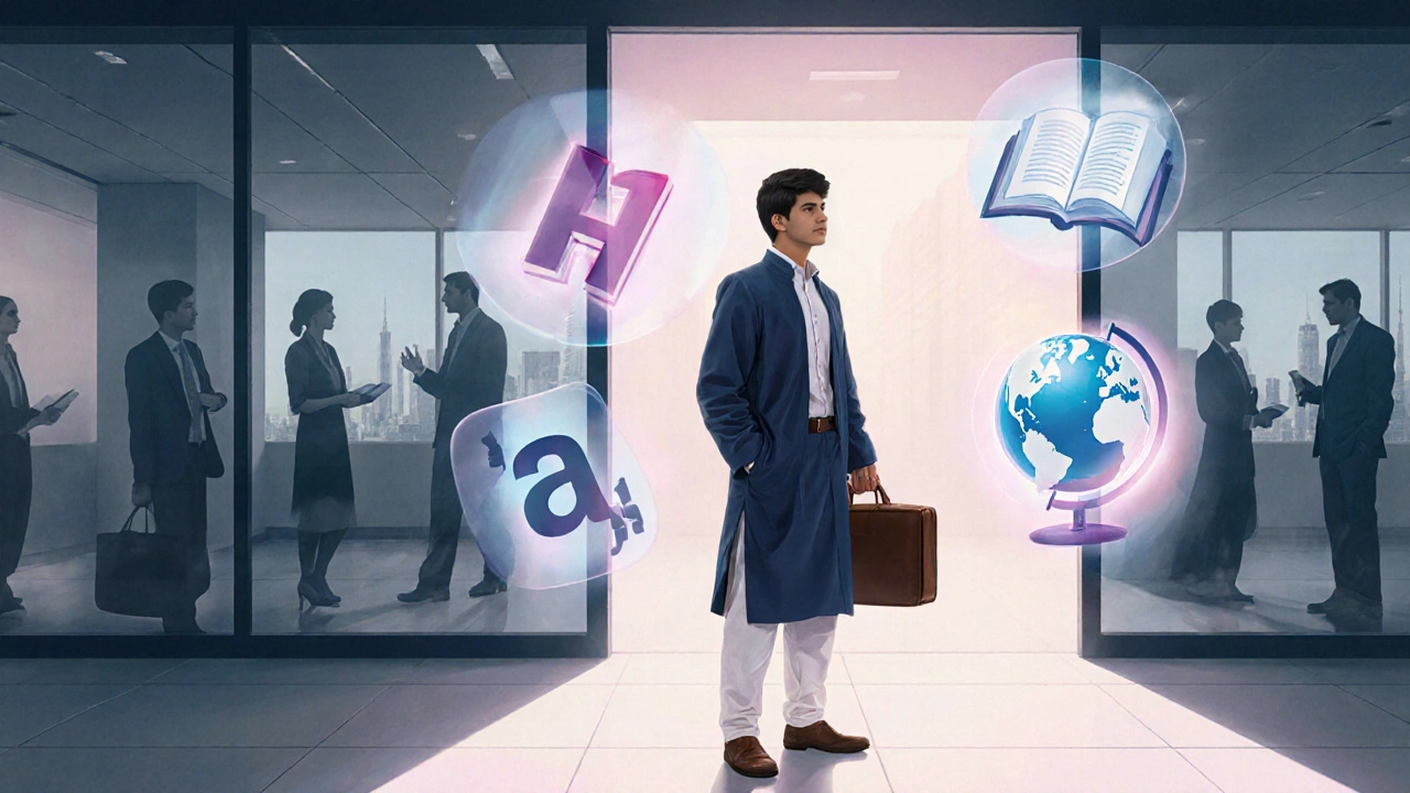 Graduate holding a briefcase with floating English symbols before a modern office building.
