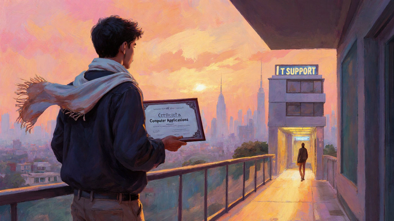 Graduate holding a certificate, looking toward a city skyline with a path to an IT office.