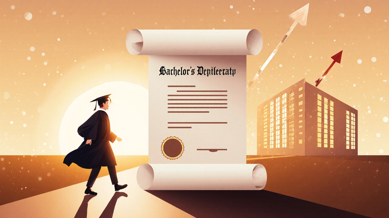 Graduate moving from a diploma to a degree scroll toward a university.