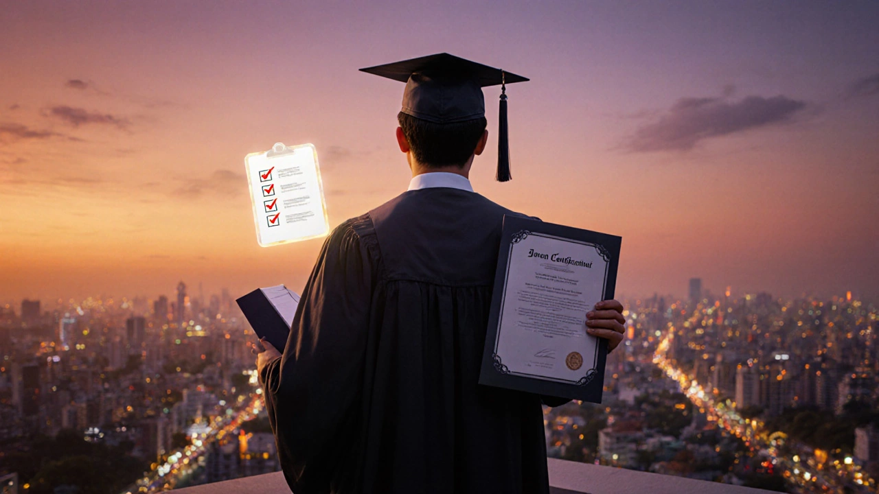 Graduate on rooftop holding a certificate with a glowing checklist, city skyline at sunset.