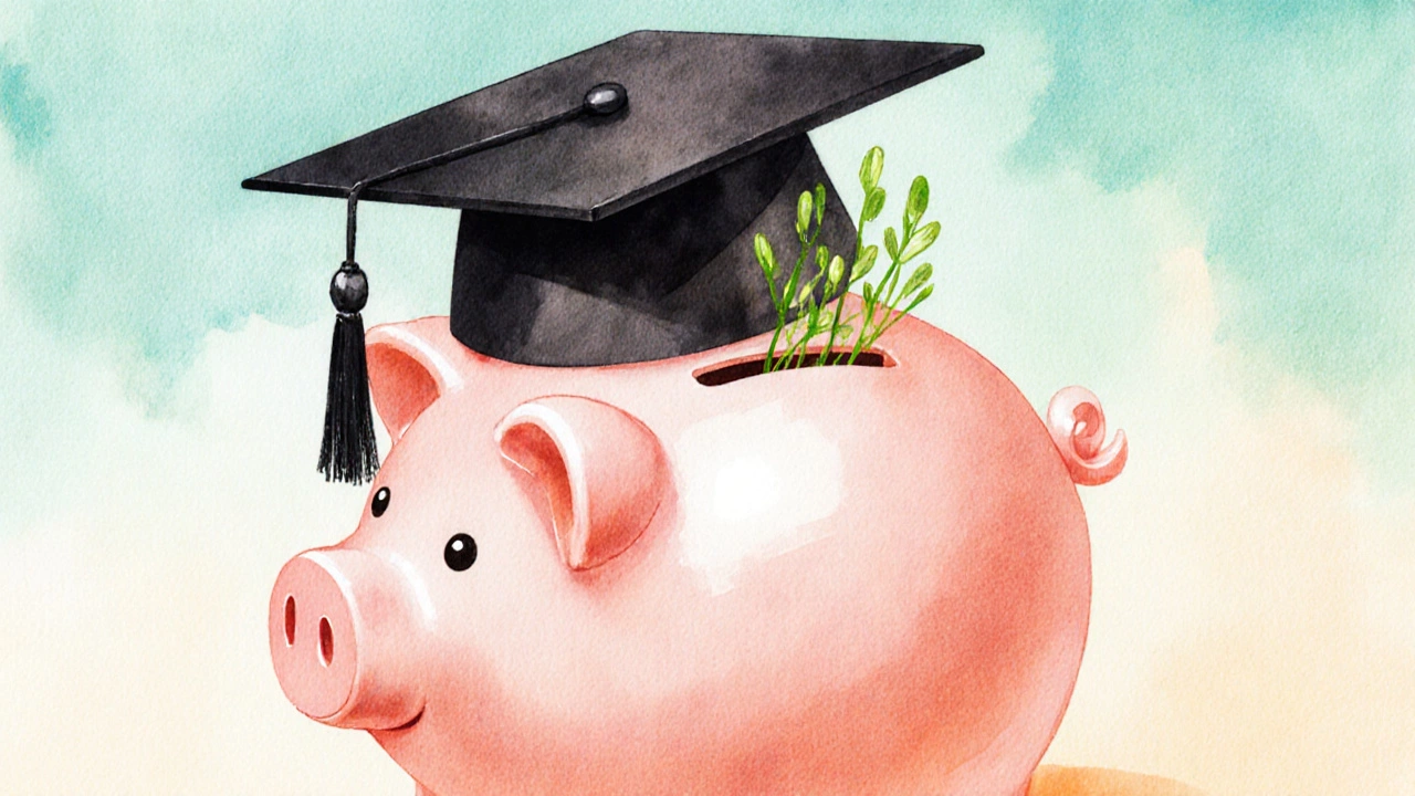 Graduation cap on a piggy bank with green sprouts, symbolizing financial aid.