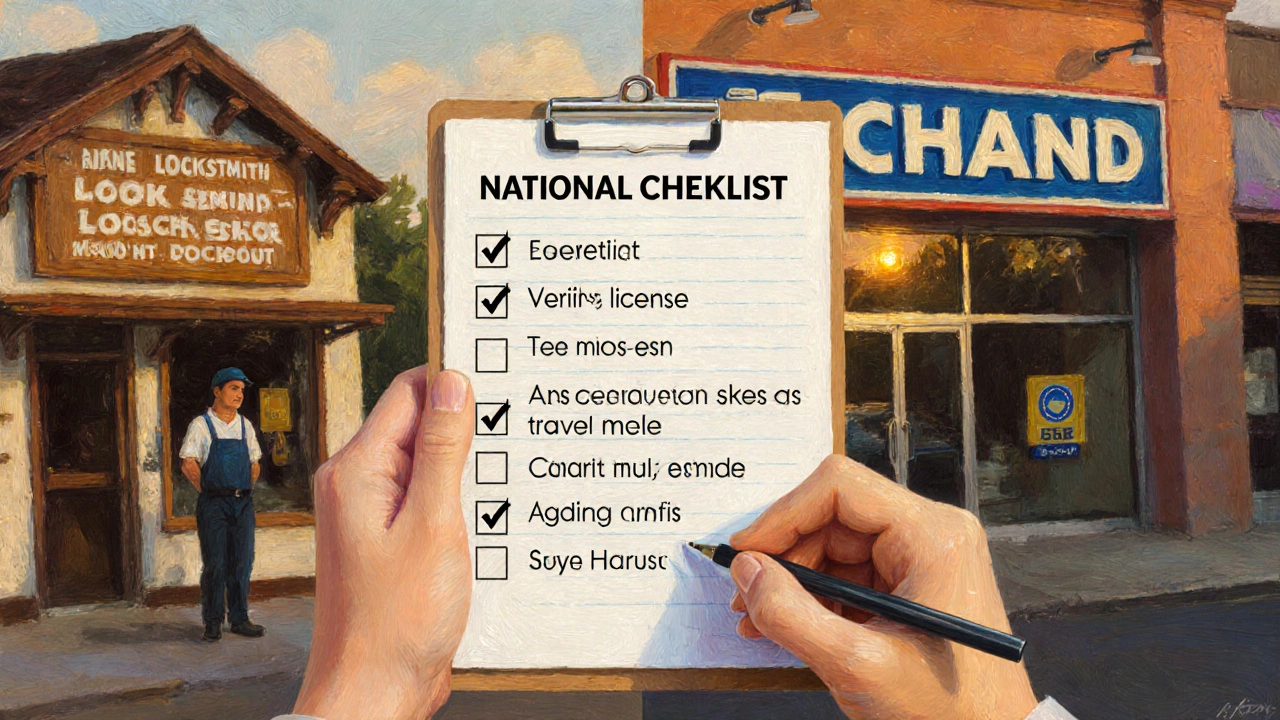 Homeowner compares a local locksmith shop and a national chain while reviewing a detailed quote checklist.