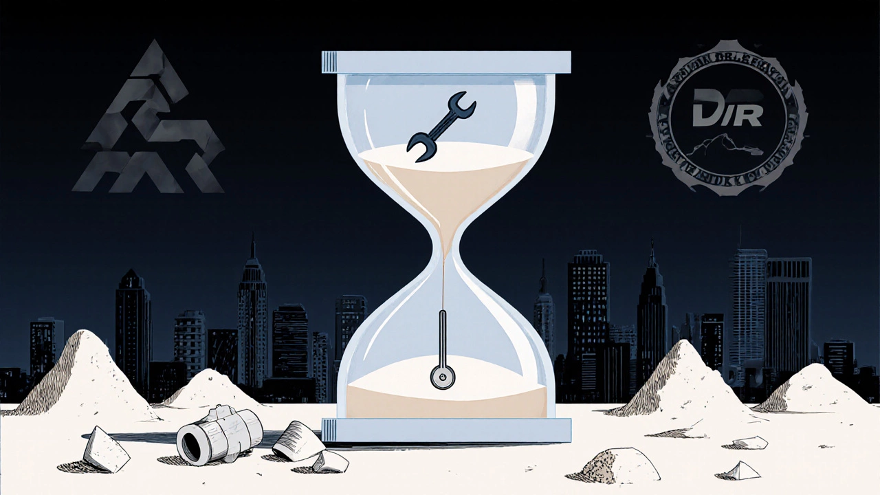 Hourglass with two-hour sand segments, trade tools, and crumbling short sessions below.