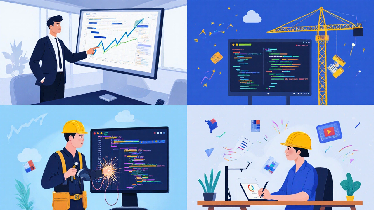 Illustrated collage of project manager, data analyst, electrician apprentice, and graphic designer in work settings.