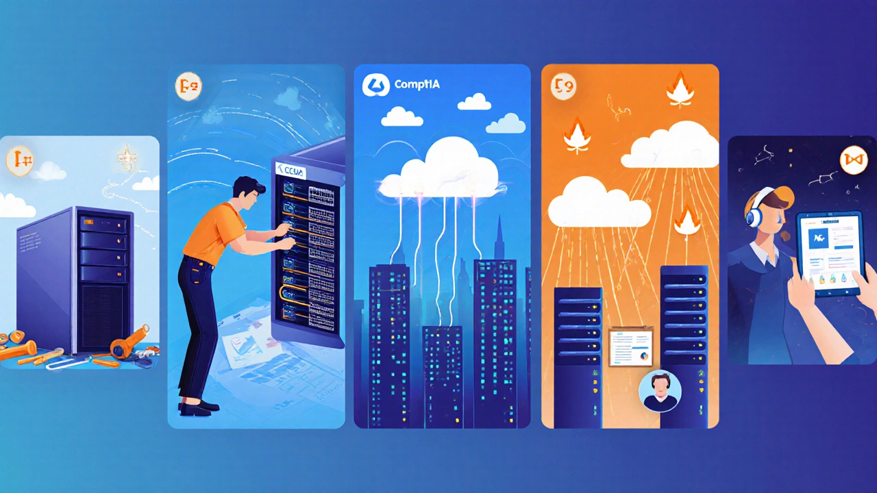 Illustrated five‑panel view of hardware, networking, Azure, AWS, and support tasks.