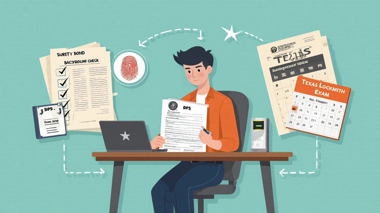 Illustrated step-by-step licensing process with forms, fingerprint scanner, and exam calendar.