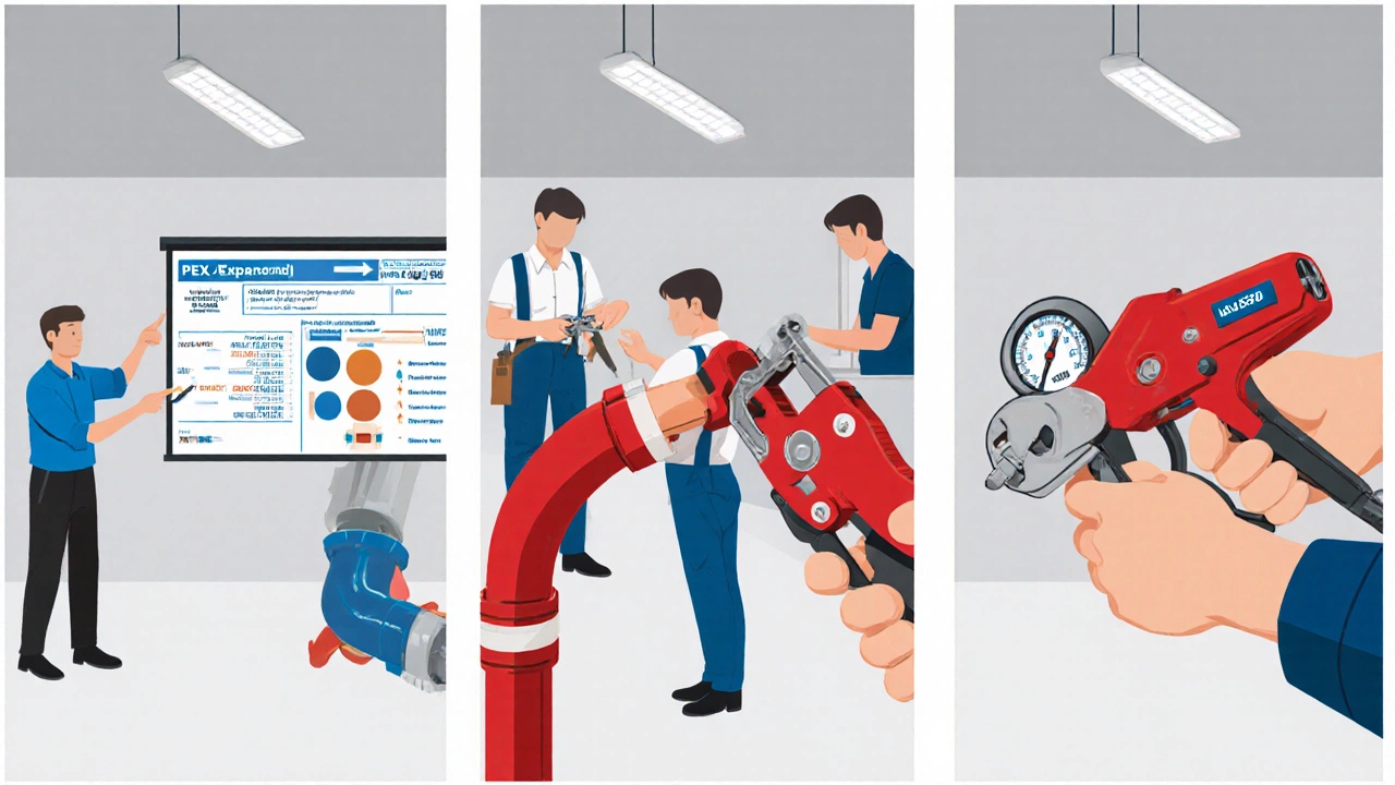 Illustrated workshop showing classroom, pipe cutting, and practical testing of PEX.