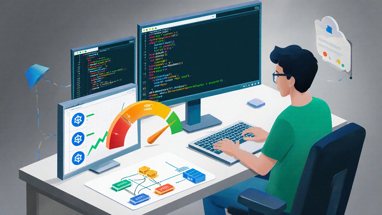 Isometric view of a person working on GCP labs with an upward‑trending ROI gauge.