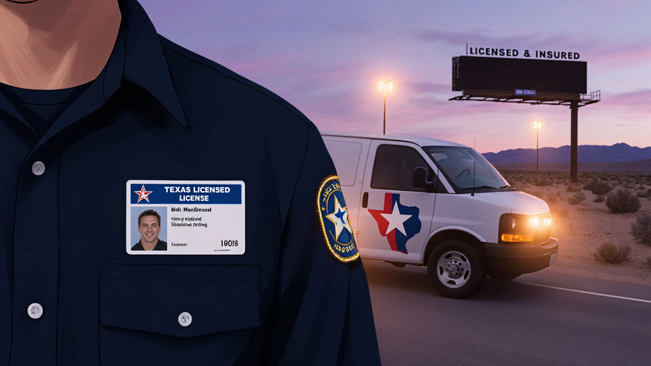 Licensed Texas locksmith displaying badge beside a service van on a dusk highway.