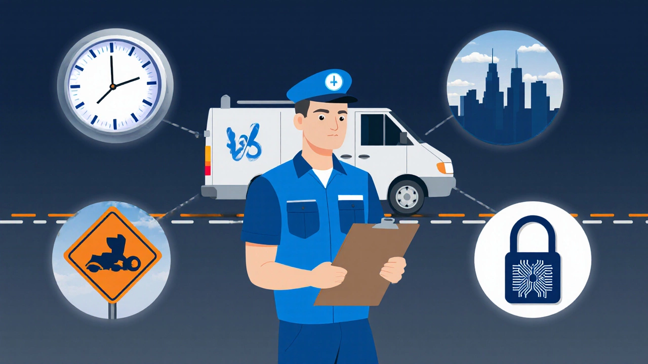 Locksmith with a van surrounded by icons for time, distance, location, and lock complexity illustrating price factors.