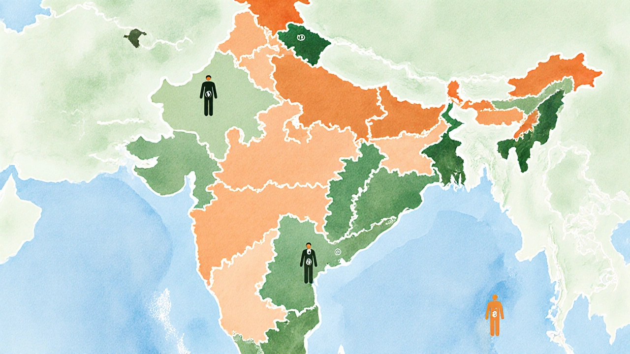 Map of India highlighting Maharashtra, Karnataka, West Bengal with age‑symbol silhouettes.