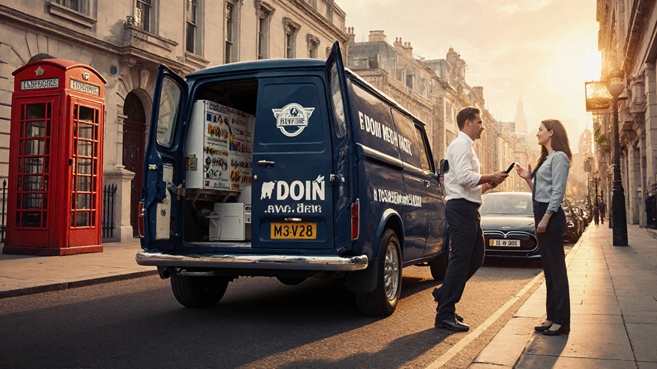 Mobile locksmith van with tools parked beside a Mini and a Tesla on a busy London street.