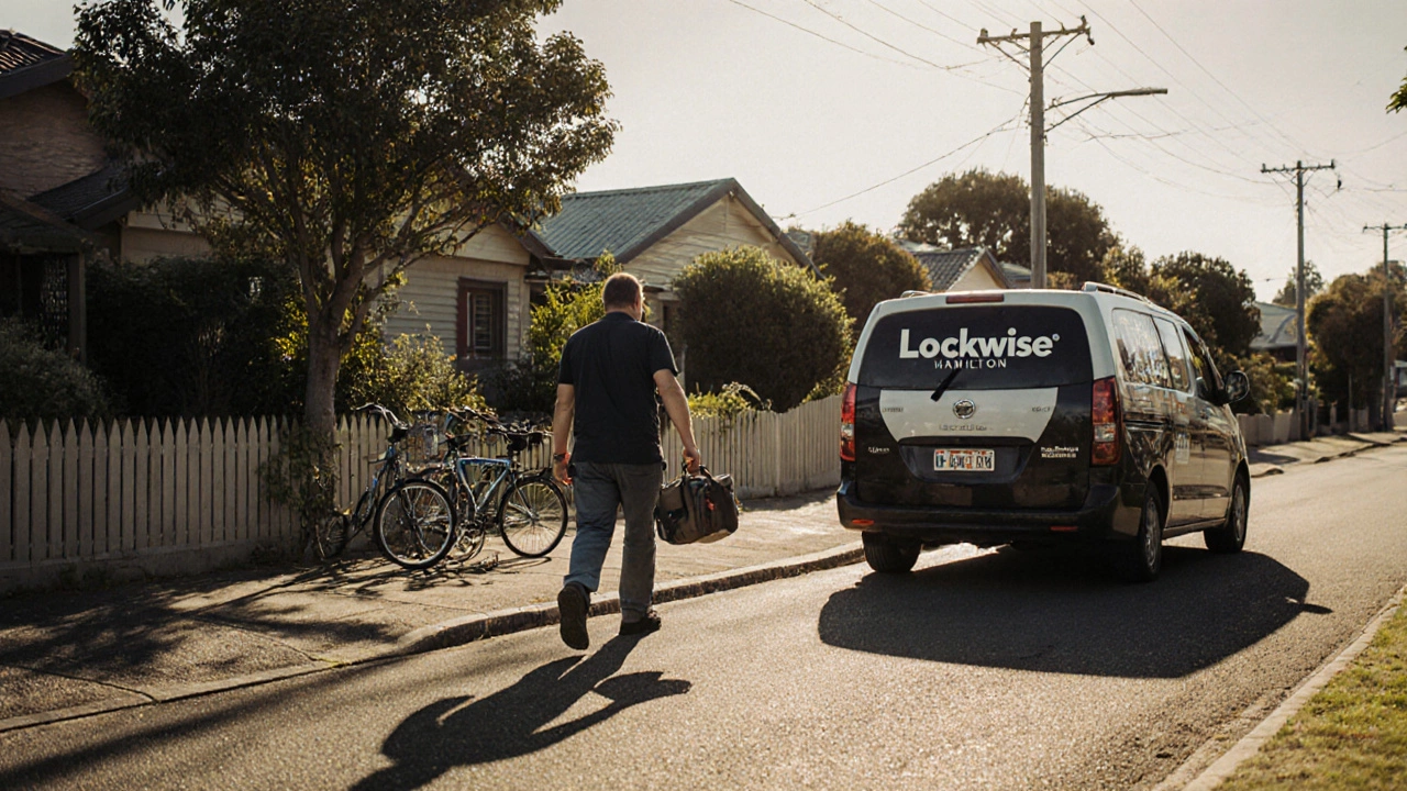 Person walking to a home with locksmith tool bag and car sticker