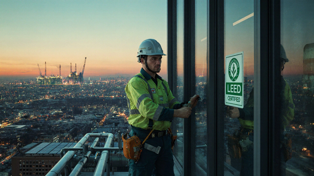 Plumber in green uniform installs medical‑gas pipe on a glass wall of a Los Angeles high‑rise at dusk.