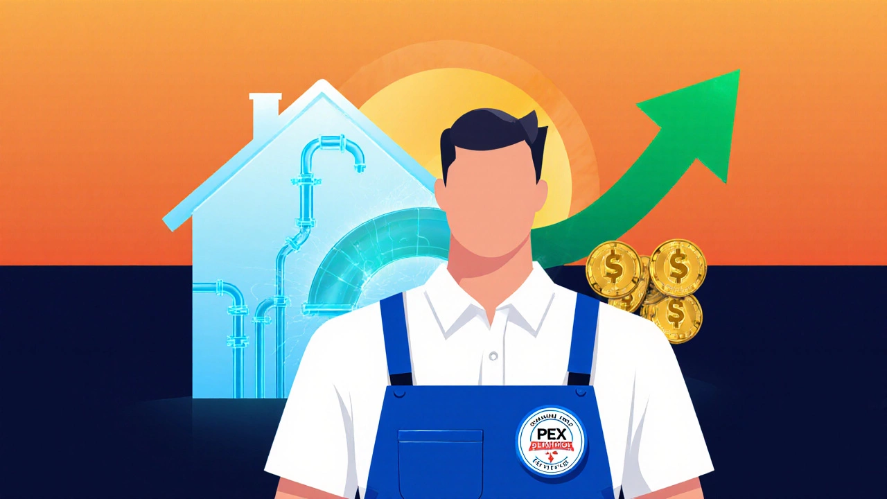 Plumber with certification badge beside house diagram and symbols of higher earnings.