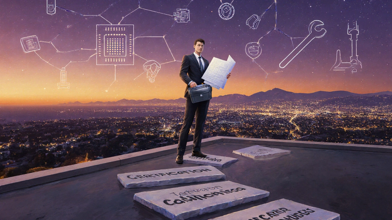 Professional on balcony watches sunset over California, holding blueprint and toolbox, with symbolic icons.
