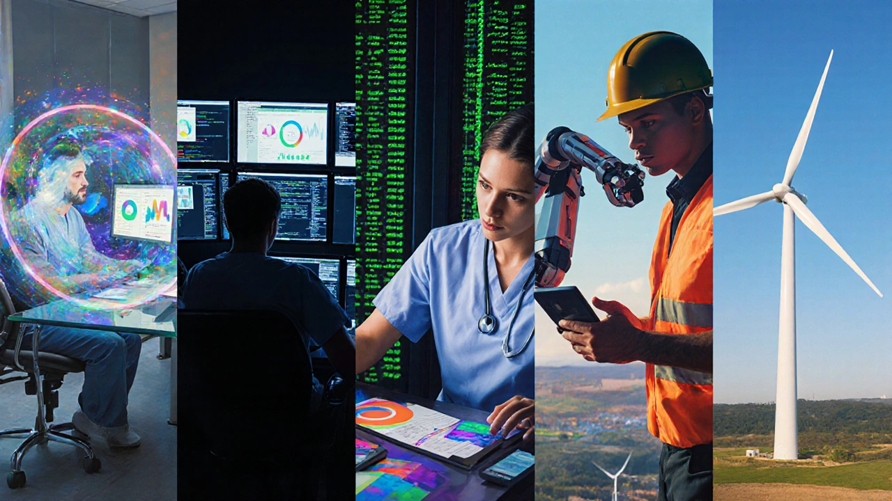 Seven panels show professionals: data scientist, cybersecurity analyst, nurse, developer, AI researcher, renewable engineer, business analyst.