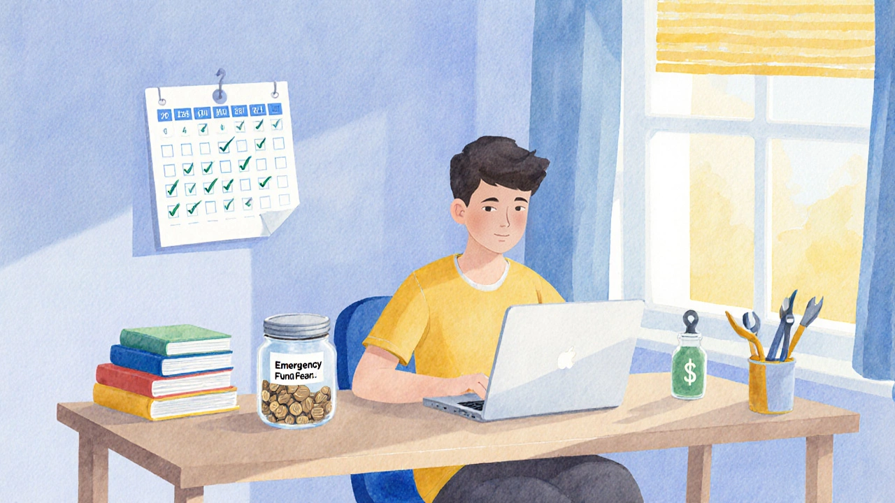 Student budgeting at a desk with laptop, coin jar, and calendar in a pastel dorm room.