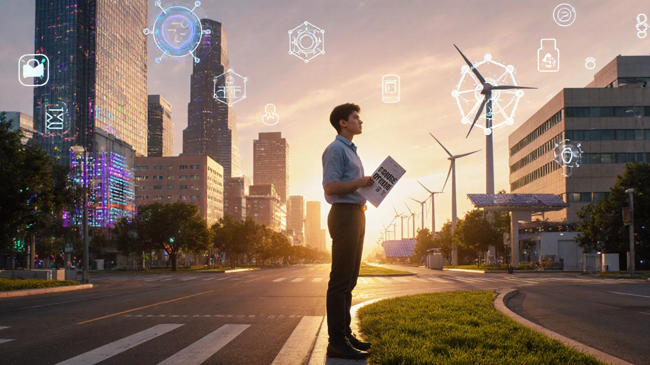 Student stands at sunrise crossroads with tech city skyline on one side and healthcare scene on the other.