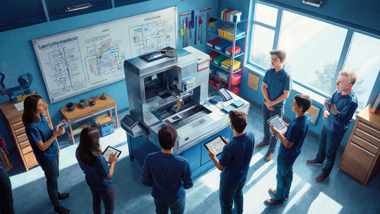 Students watch an instructor demonstrate a CNC key‑cutting machine in a bright workshop.
