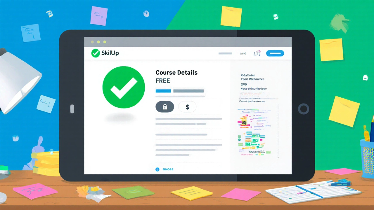 Tablet UI showing free course icon, lock for premium, and certificate badge.