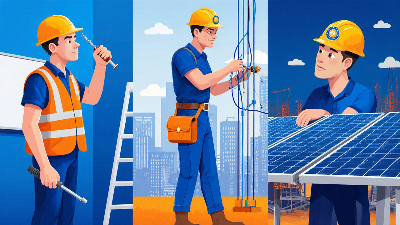 Three electricians representing apprentice, journeyman, and master stages in a colorful illustration.