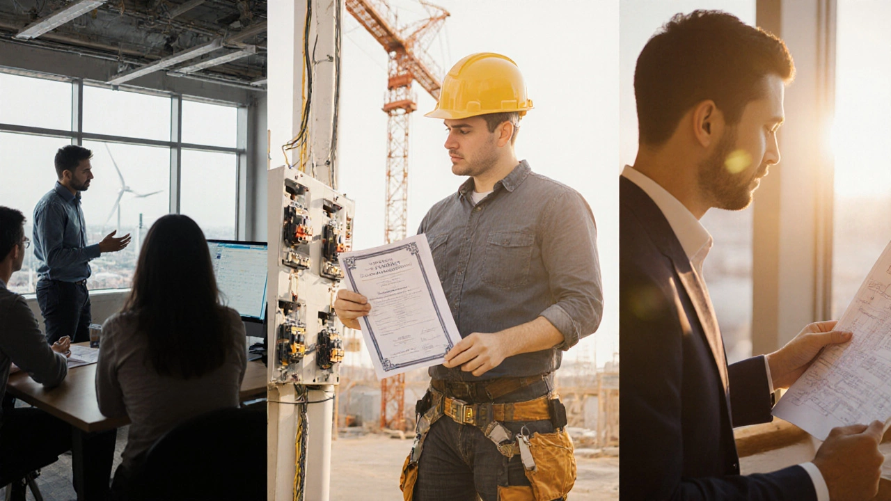 Three graduates celebrating success: analyst in office, electrician with license, manager on construction site.
