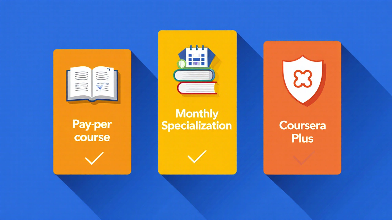 Three icon columns illustrating pay‑per‑course, subscription, and unlimited plans.
