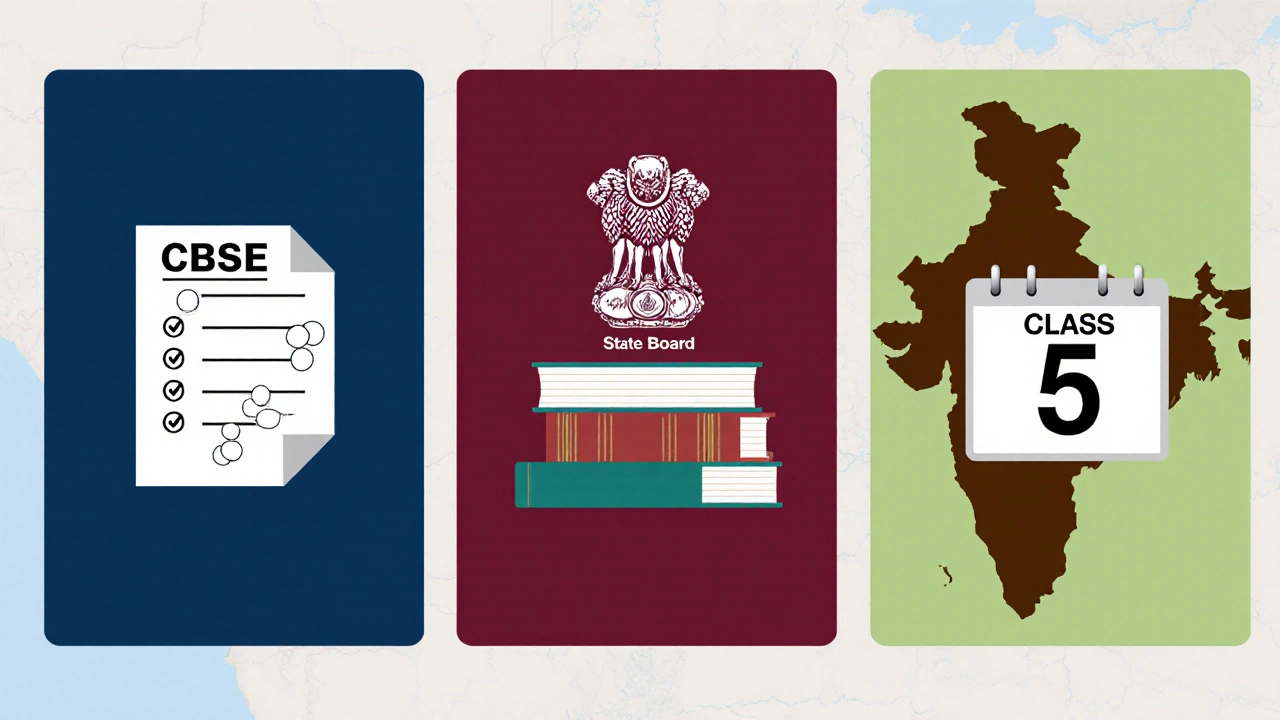 Three-panel illustration showing CBSE, ICSE, and State Board symbols with English exam items.