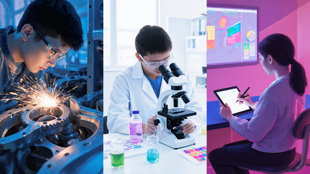 Three panels showing engineering lab, health lab, and design studio activities.