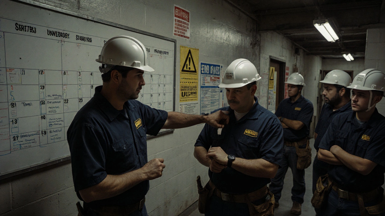 Union trainer and apprentices in trade school, calendar marked with approved training blocks.