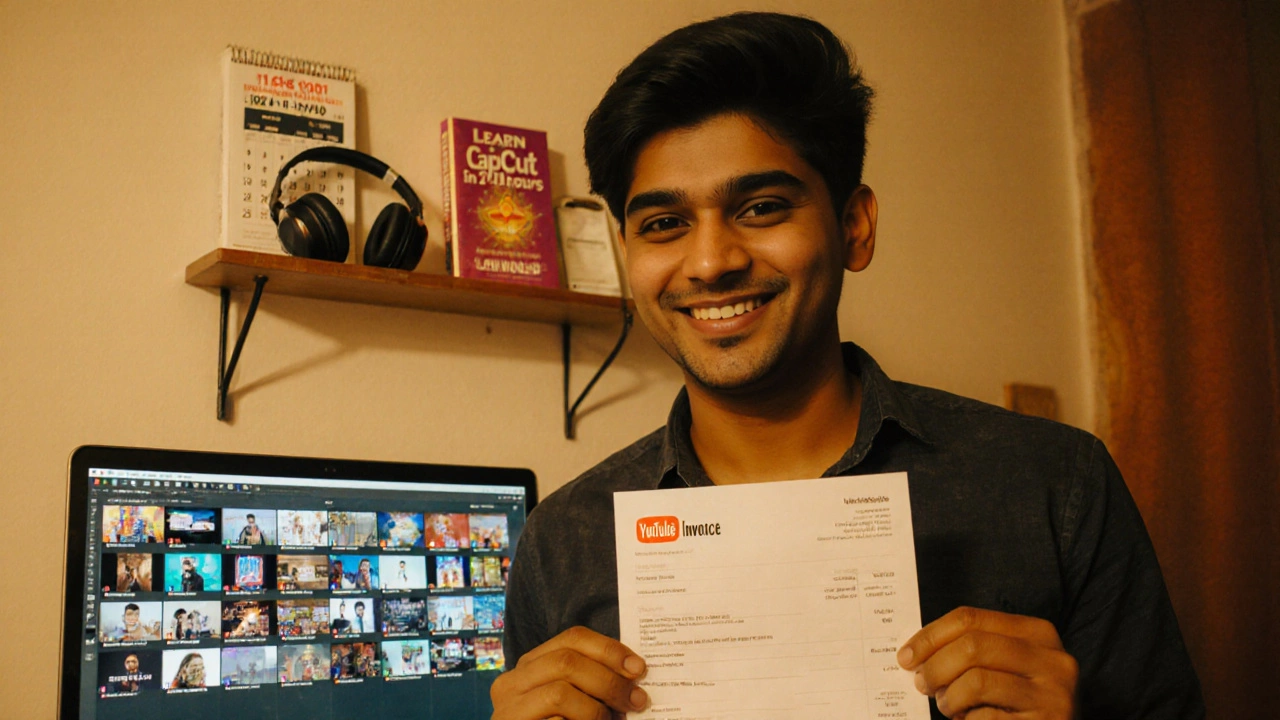21-year-old holding ₹1.1 lakh invoice beside laptop showing edited YouTube Shorts