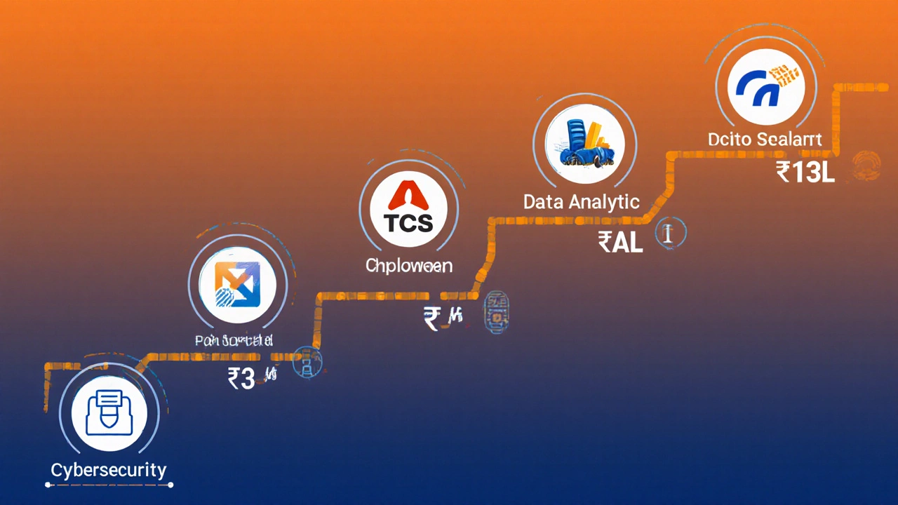 Career growth timeline showing salary increases for five computer diploma paths in India
