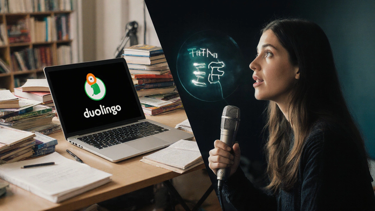 Contrasting English learning methods: outdated textbooks vs. live online class with real-time feedback.