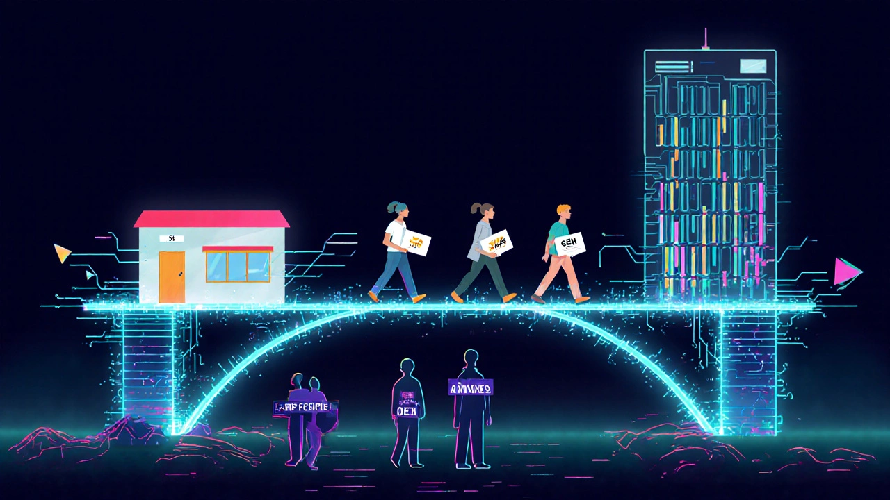 Digital bridge connecting polytechnic classroom to tech office with professionals holding certifications