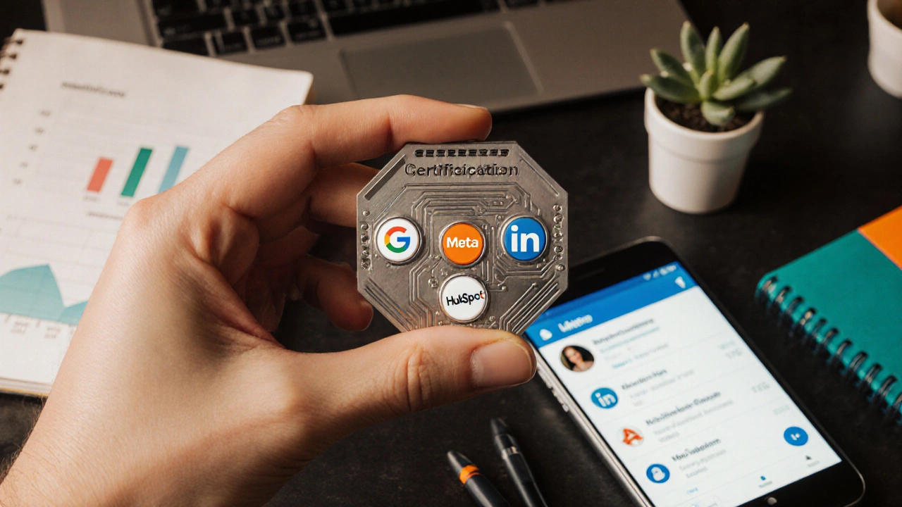 Hand holding a circuit-board-shaped certification badge with tech logos, floating above campaign notes and a LinkedIn phone screen.