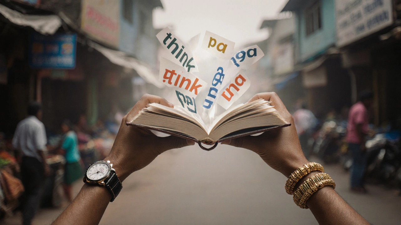Hands holding English book with distorted words, symbolizing mother tongue interference in language learning.