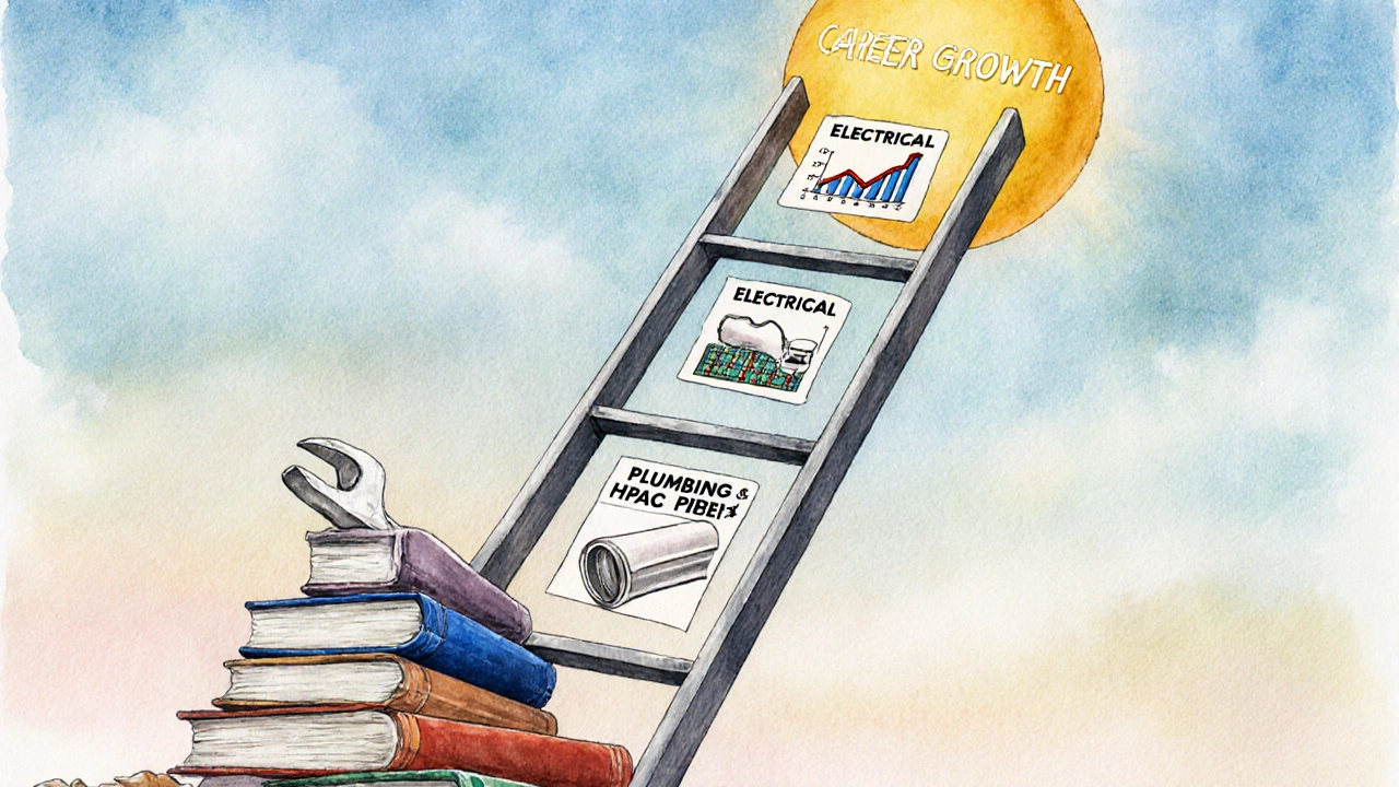 Ladder rising from books to trade icons and salary graph under a golden sun.