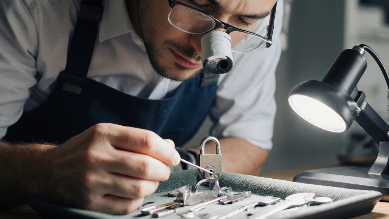 Locksmith carefully extracting a broken key using a hook pick under a magnifying lamp.