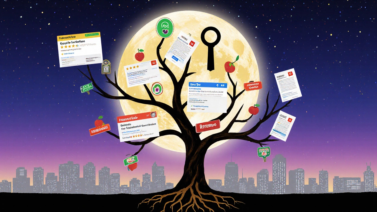 Reputation tree with reviews and referrals as fruit, growing from locksmith marketing efforts under a keyhole moon.