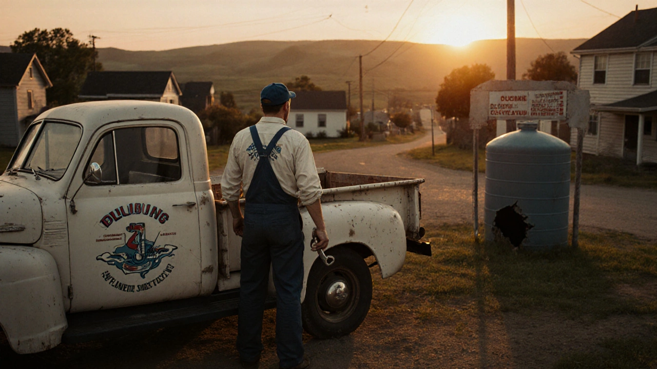 Rural plumber beside his truck, looking at a septic tank under a golden sunset, quiet homes in the background.